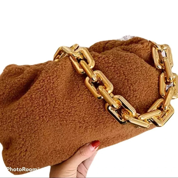 Fashion fluffy Tan chunky chain women’s shoulder bag - Picture 1 of 10